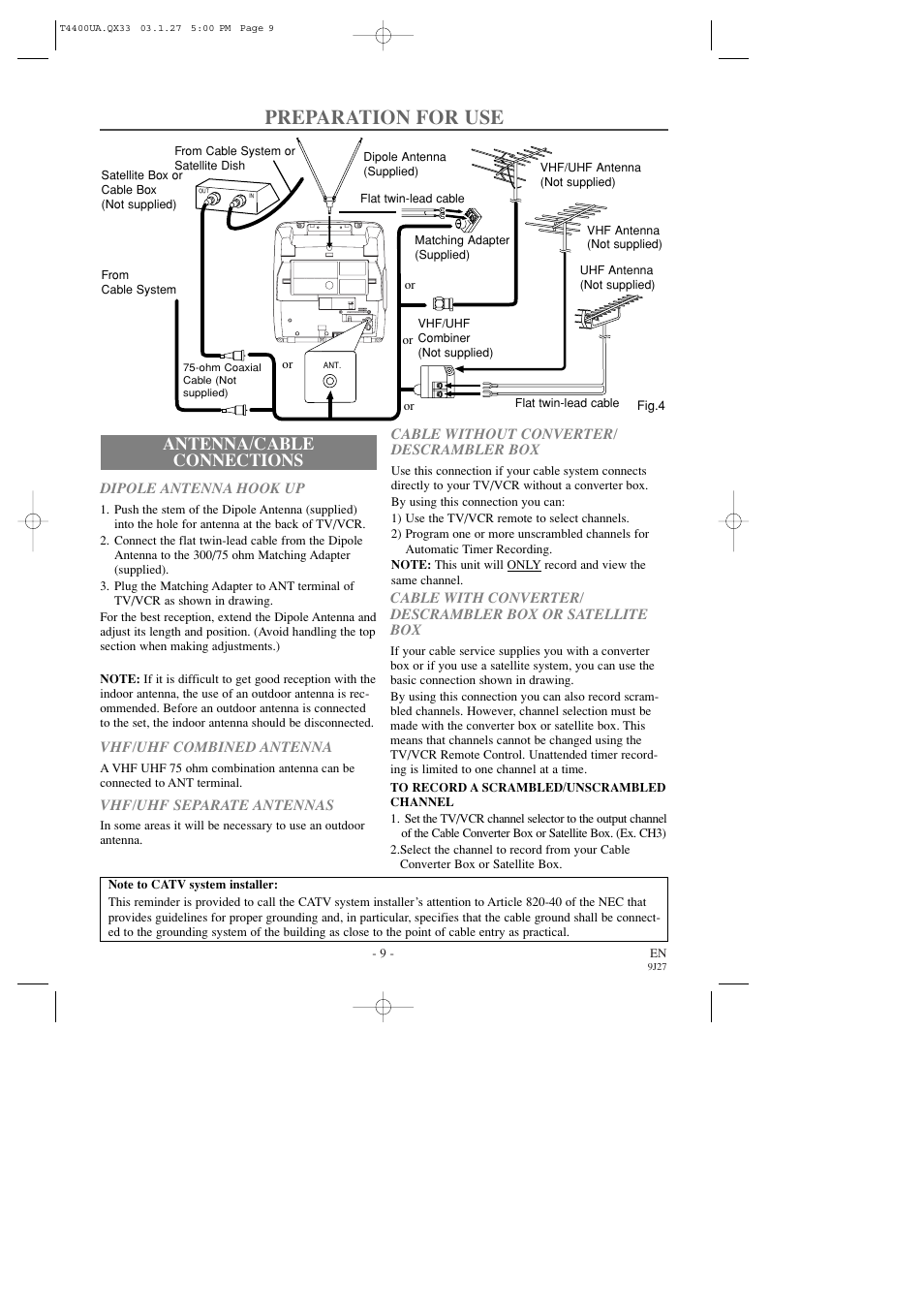 Preparation for use, Antenna/cable connections | Symphonic SC309D User Manual | Page 9 / 32