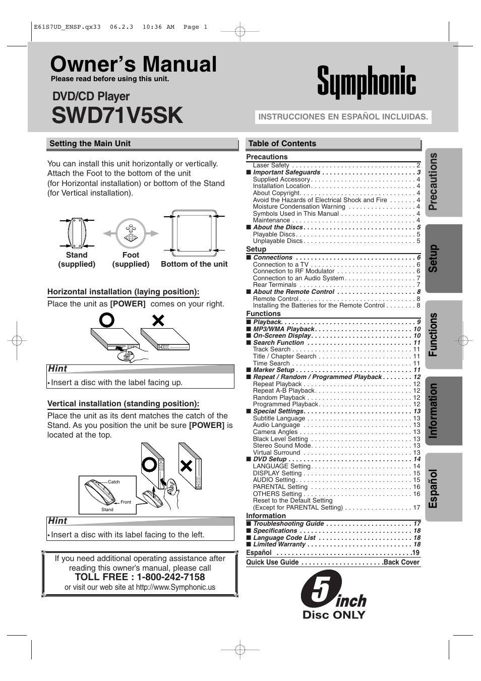 Symphonic DVD/CD Player User Manual | 20 pages