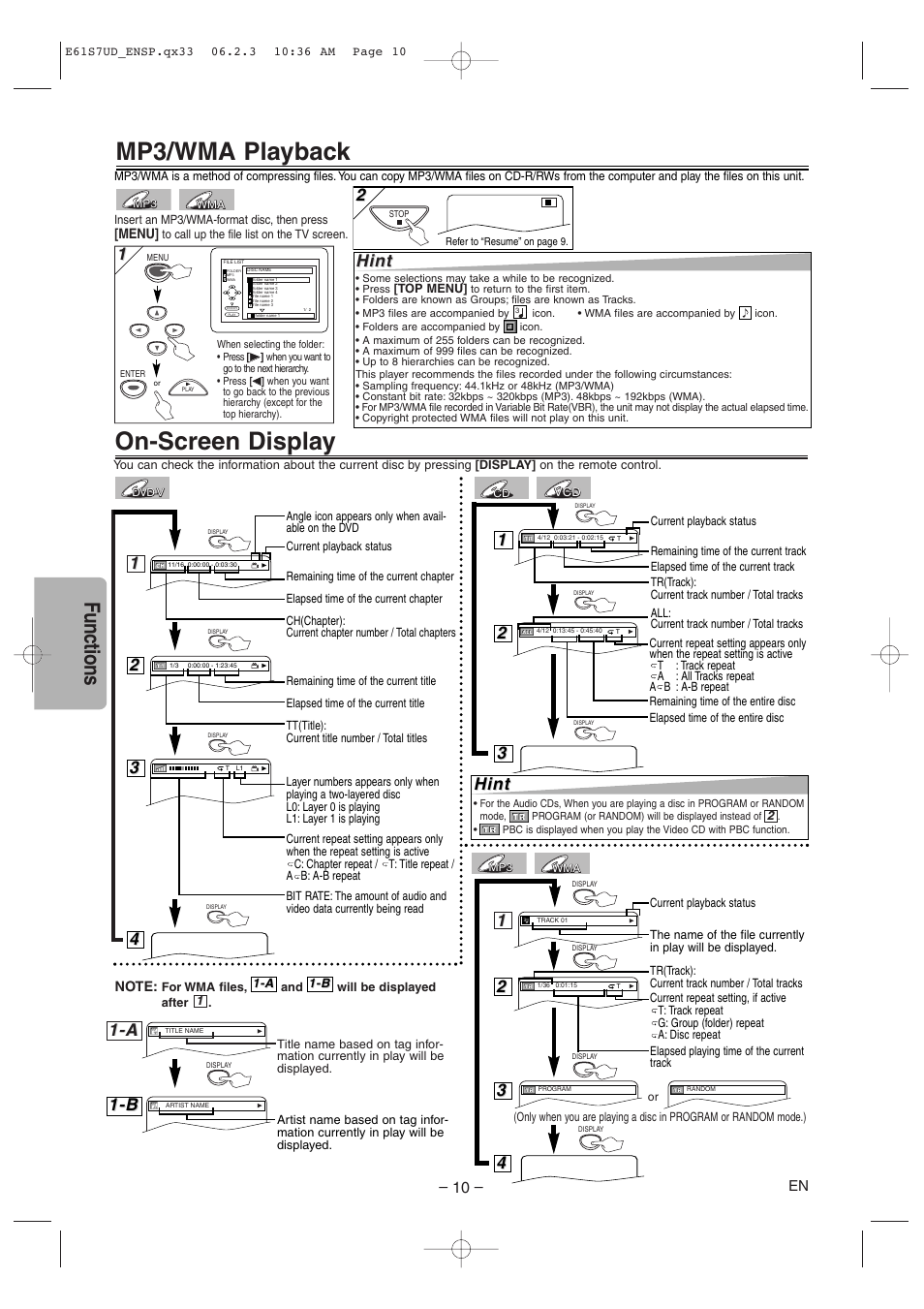 On-screen display, Mp3/wma playback, Functions | Hint, A 1-b 1-b | Symphonic DVD/CD Player User Manual | Page 10 / 20