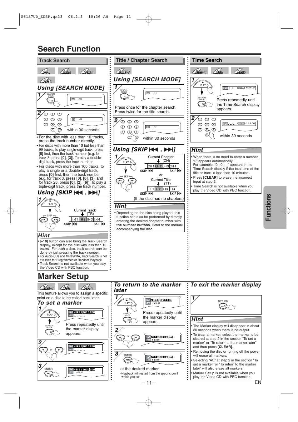 Search function, Marker setup, Functions | Using [search, Using [search mode] mode, Using [skip, Hint | Symphonic DVD/CD Player User Manual | Page 11 / 20