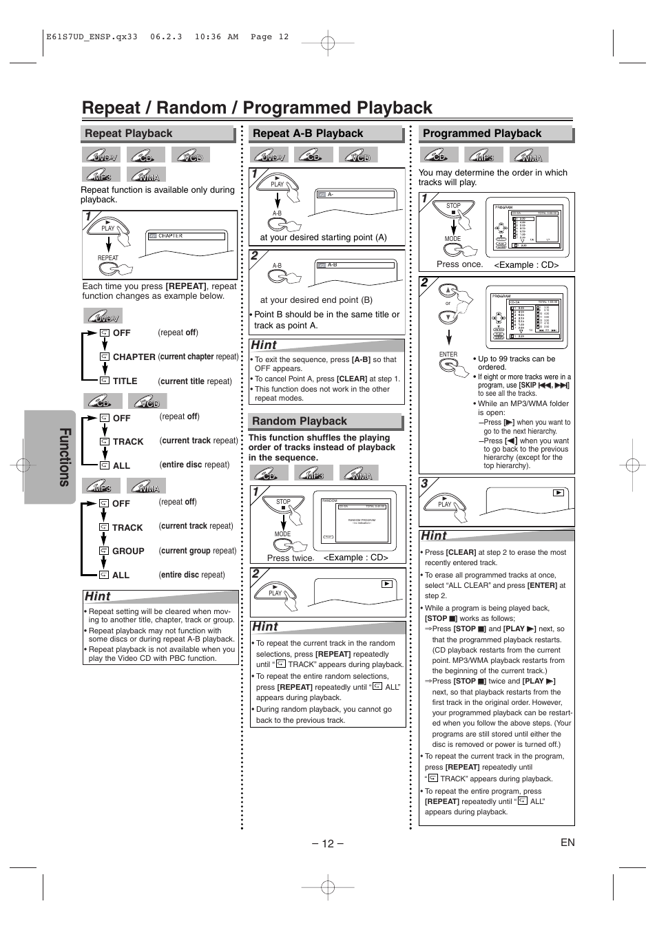Repeat / random / programmed playback, Functions, Hint | Random playback | Symphonic DVD/CD Player User Manual | Page 12 / 20