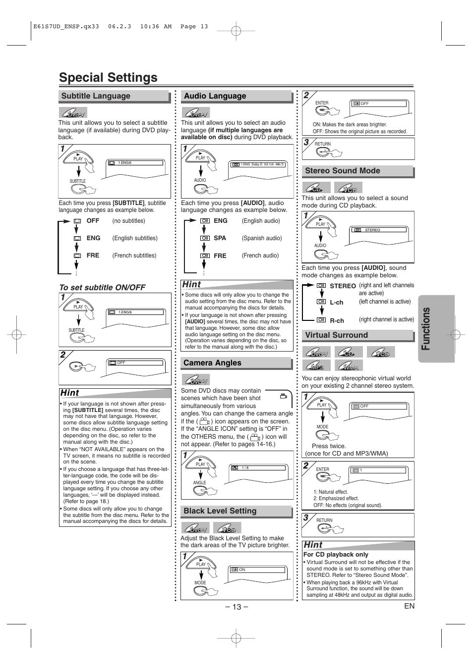 Special settings, Functions, Hint | Audio language, Stereo sound mode camera angles, Subtitle language, Black level setting, Virtual surround | Symphonic DVD/CD Player User Manual | Page 13 / 20