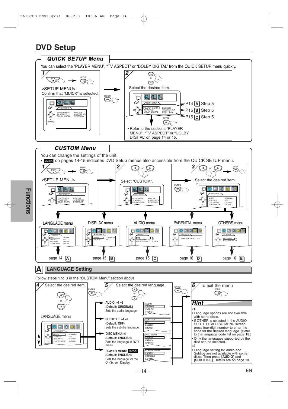 Dvd setup, Functions, Cust | Cust om men om men u u, Hint, Quick setup men uick setup men u u, Language setting, Setup menu, Language menu audio menu display menu others menu, Language menu | Symphonic DVD/CD Player User Manual | Page 14 / 20