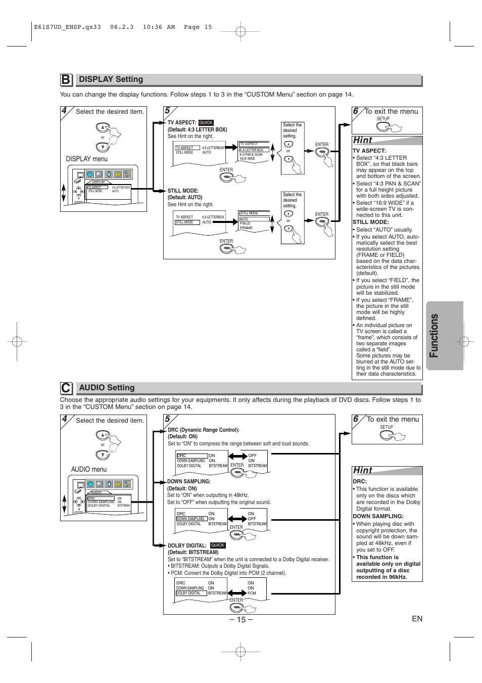 Functions, Hint, Display setting | Audio setting | Symphonic DVD/CD Player User Manual | Page 15 / 20