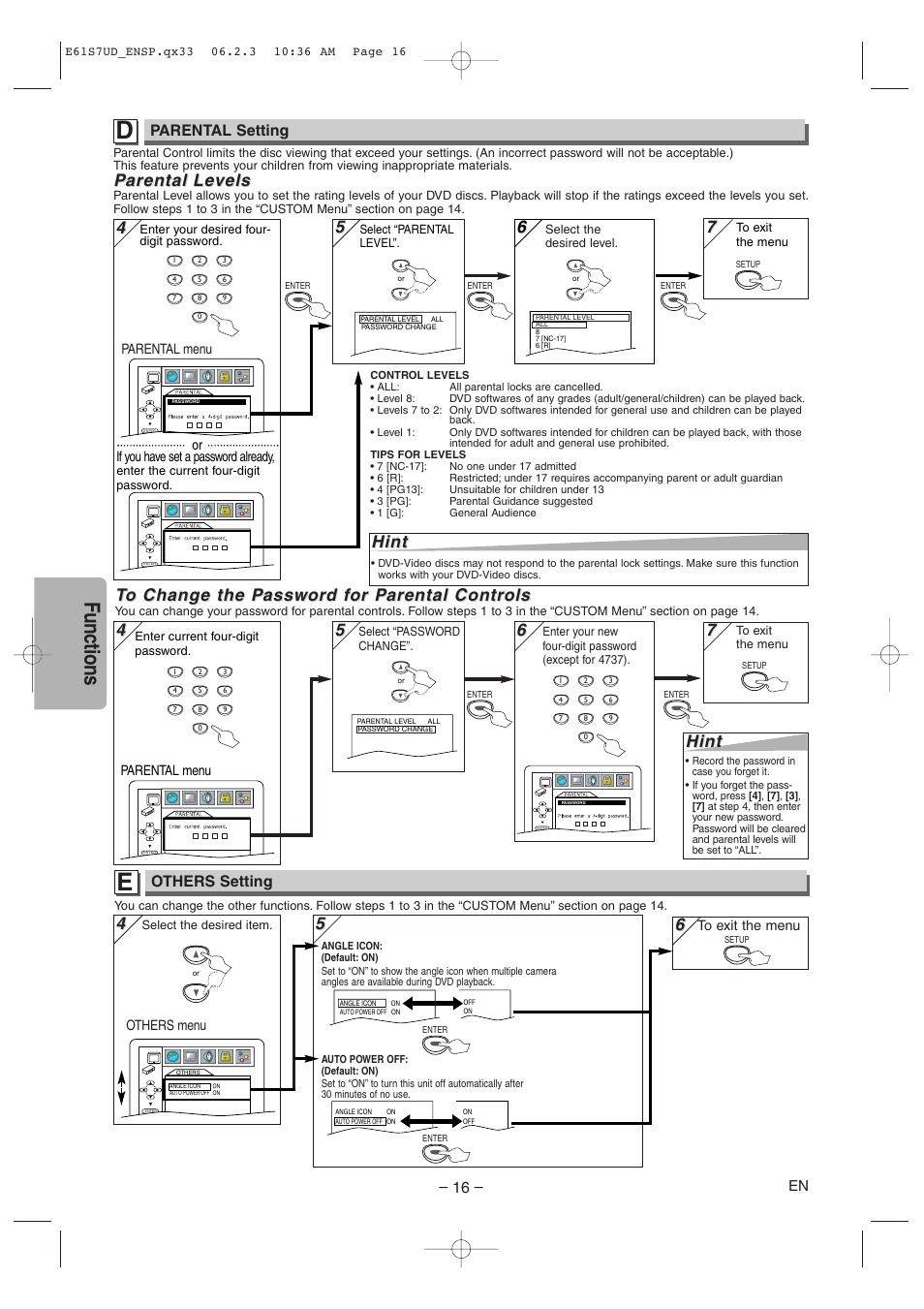 Functions, Hint, Parental arental le le vels vels | Parental setting, Others setting | Symphonic DVD/CD Player User Manual | Page 16 / 20