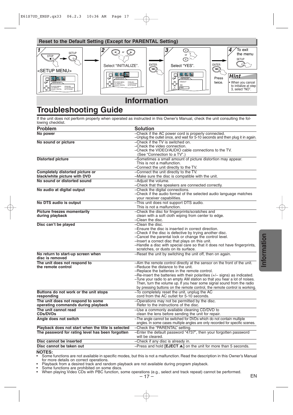 Troubleshooting guide, Information, Inf ormation | Hint, Problem solution | Symphonic DVD/CD Player User Manual | Page 17 / 20