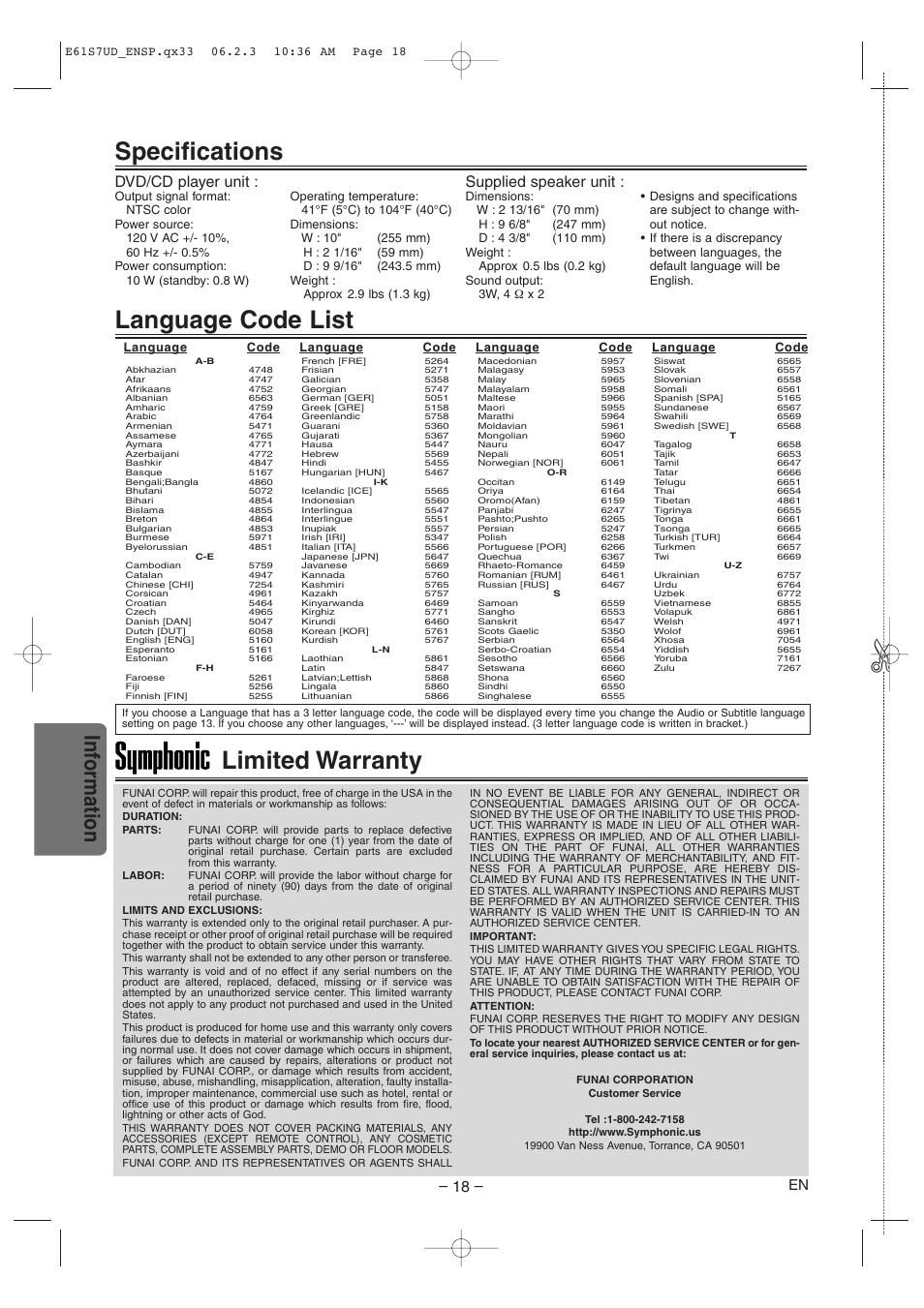 Language code list, Specifications, Limited warranty | Inf ormation, Dvd/cd player unit, Supplied speaker unit | Symphonic DVD/CD Player User Manual | Page 18 / 20