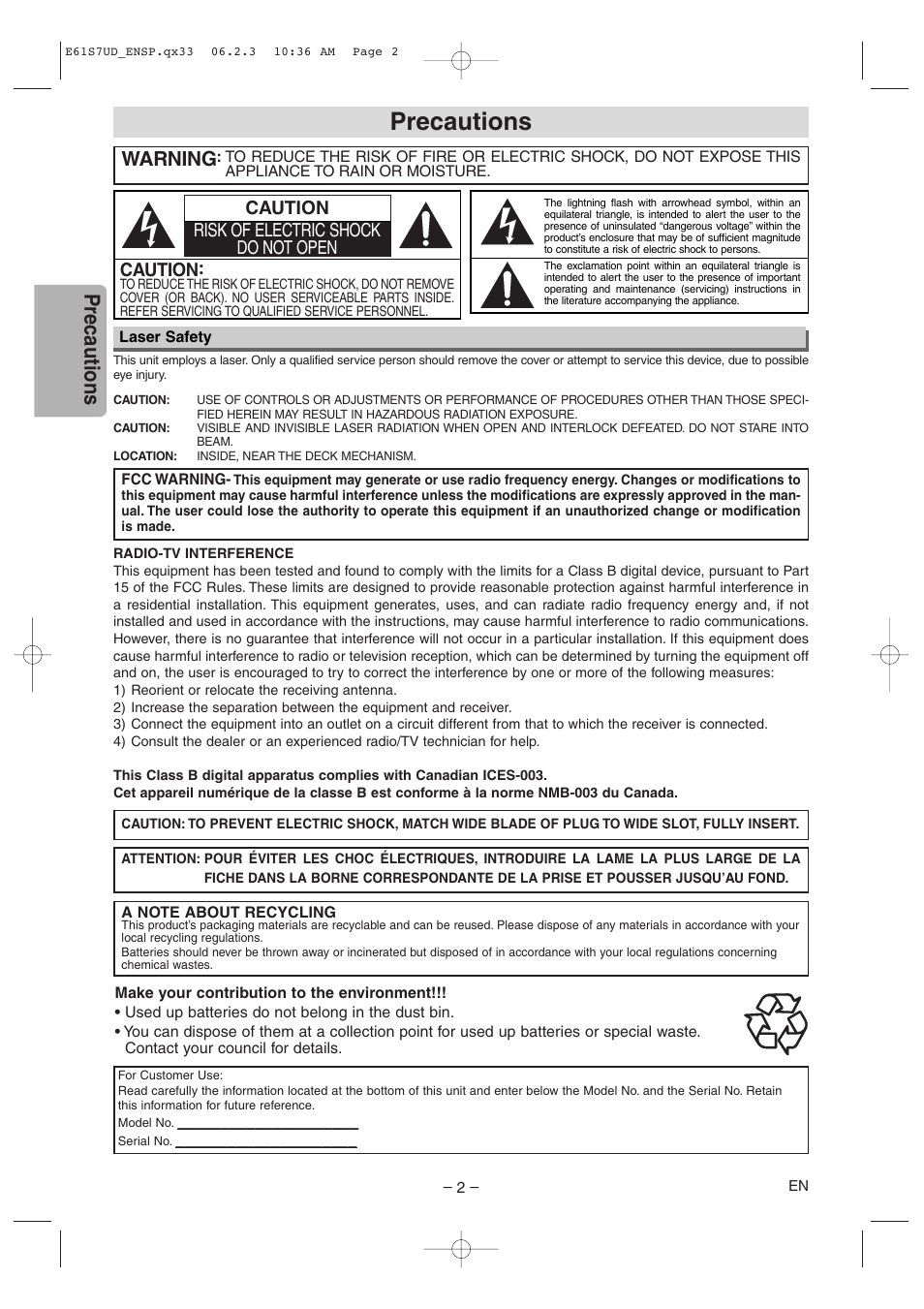 Precautions, Warning, Caution | Caution risk of electric shock do not open | Symphonic DVD/CD Player User Manual | Page 2 / 20