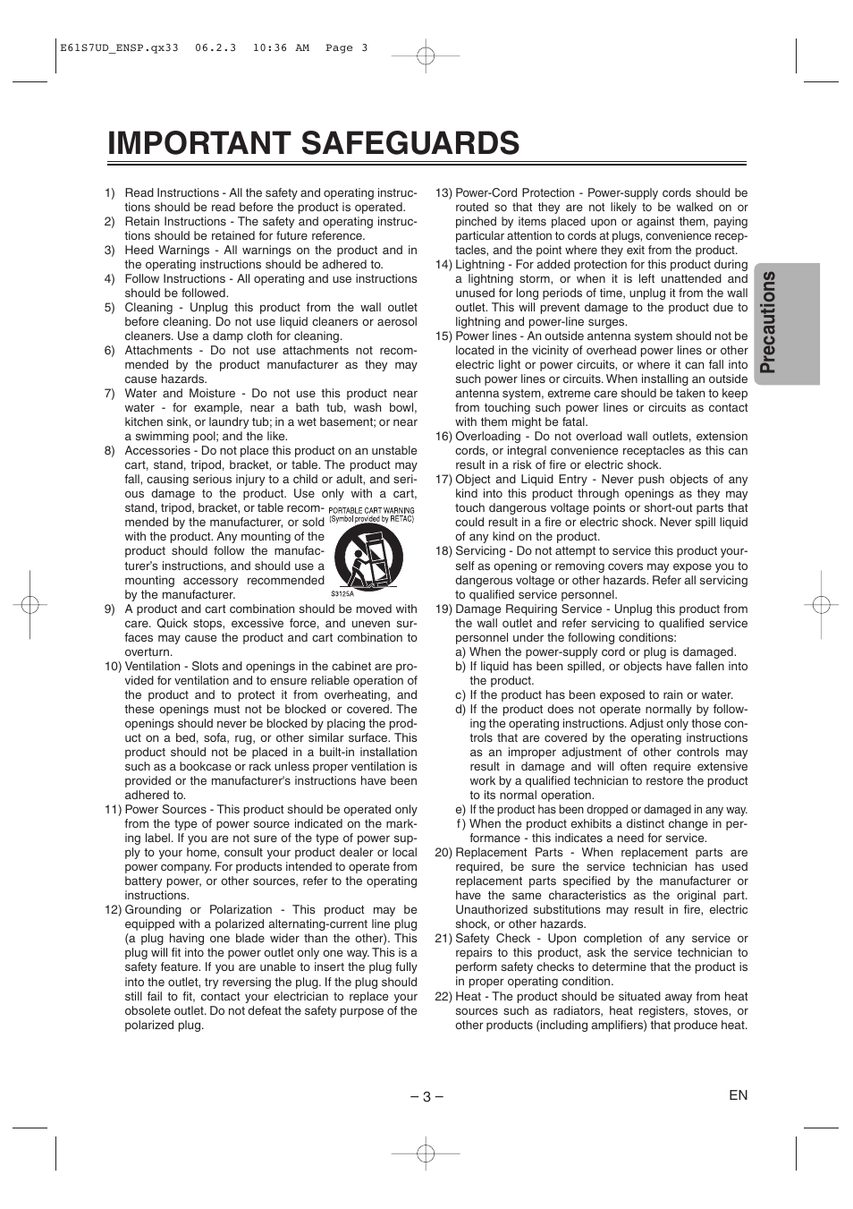 Important safeguards, Precautions | Symphonic DVD/CD Player User Manual | Page 3 / 20