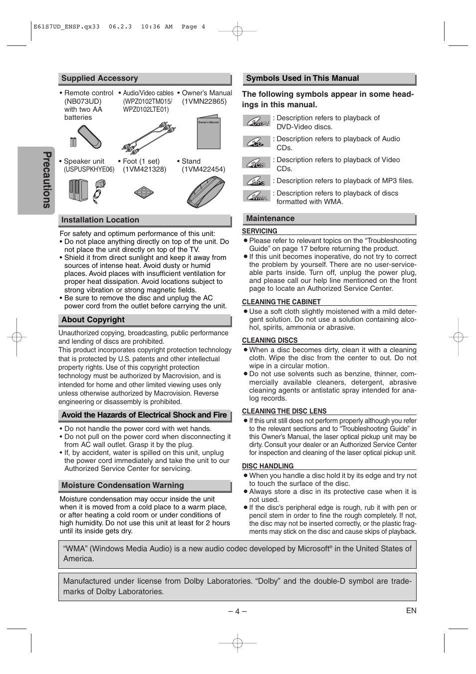 Precautions | Symphonic DVD/CD Player User Manual | Page 4 / 20