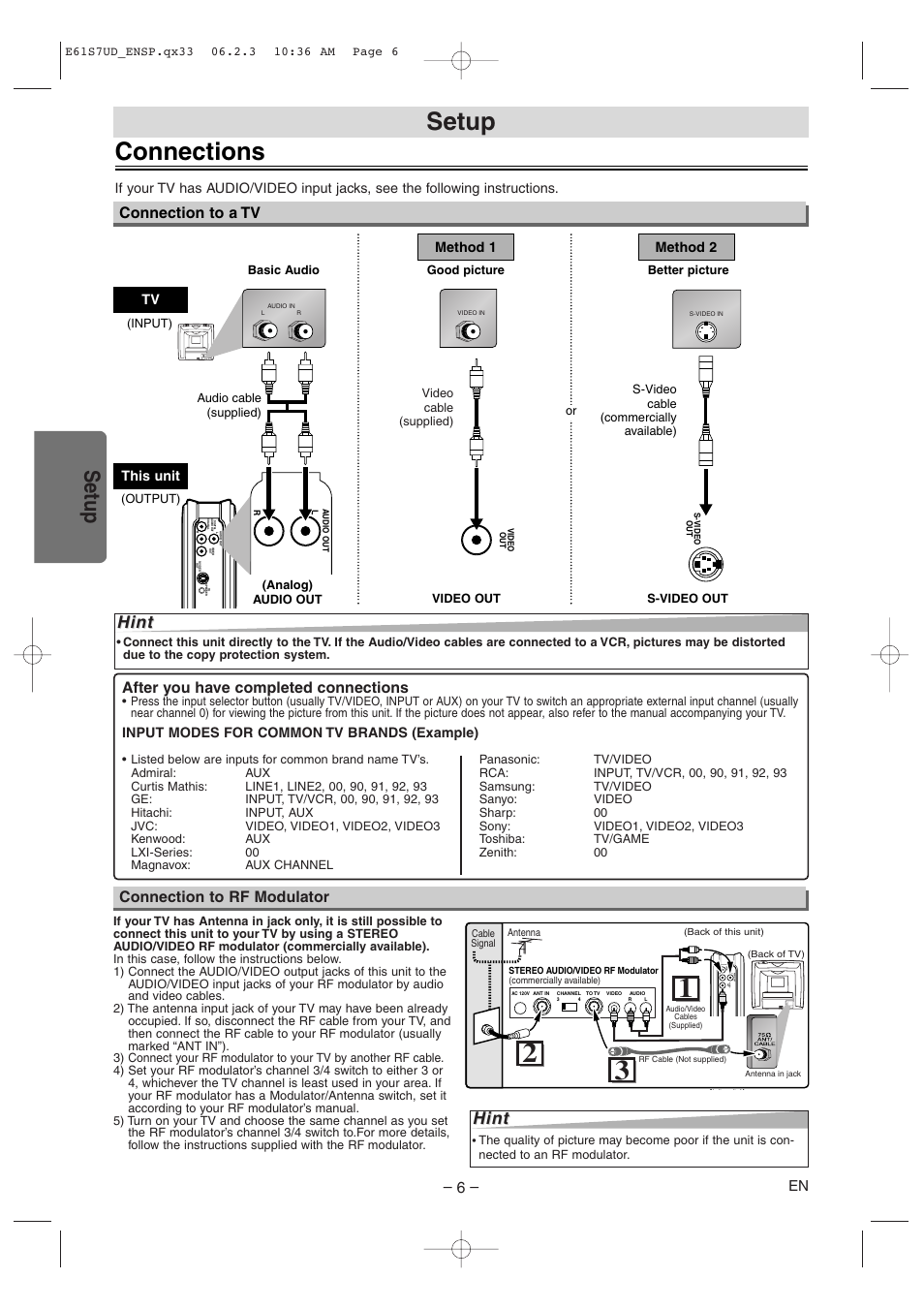 Connections, Setup, Hint | Connection to a tv, After you have completed connections, Connection to rf modulator | Symphonic DVD/CD Player User Manual | Page 6 / 20