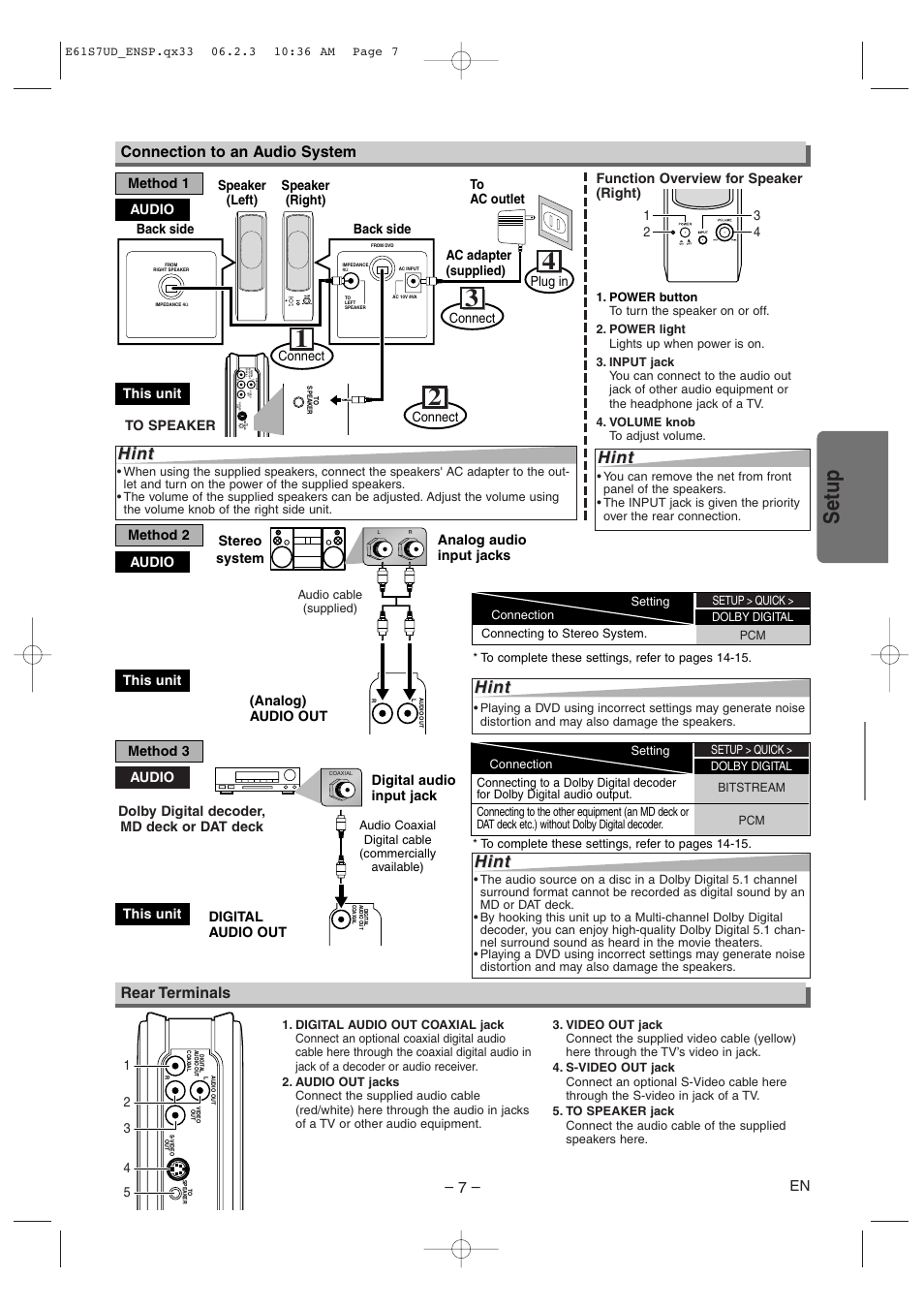 Setup, Hint, Rear terminals connection to an audio system | Symphonic DVD/CD Player User Manual | Page 7 / 20