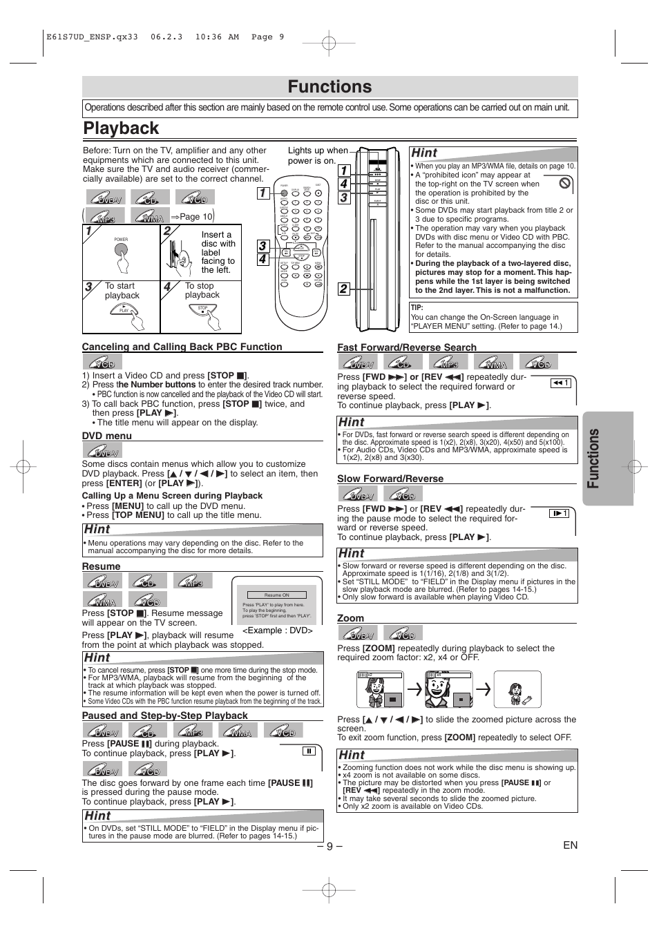 Playback, Functions, Hint | Symphonic DVD/CD Player User Manual | Page 9 / 20