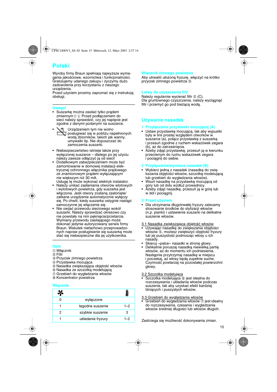 Polski, U˝ywanie nasadek | Braun CPSC 1800 V3 MN User Manual | Page 15 / 34