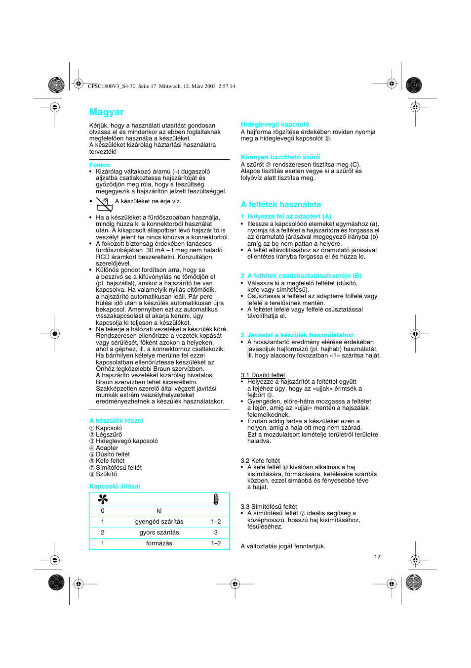 Magyar, A feltétek használata | Braun CPSC 1800 V3 MN User Manual | Page 17 / 34