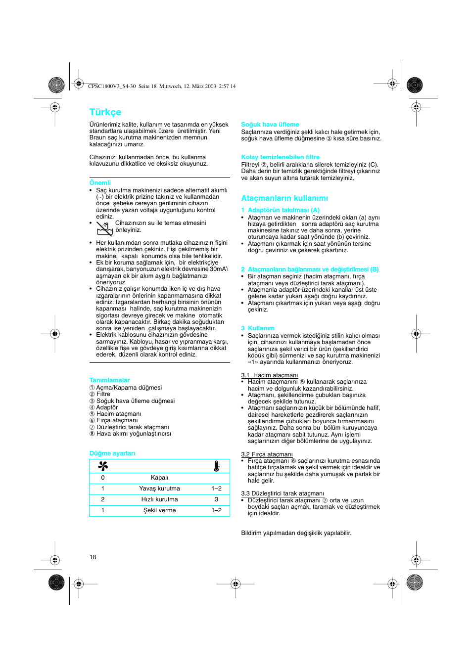 Türkçe, Ataçmanlar∂n kullan∂m | Braun CPSC 1800 V3 MN User Manual | Page 18 / 34