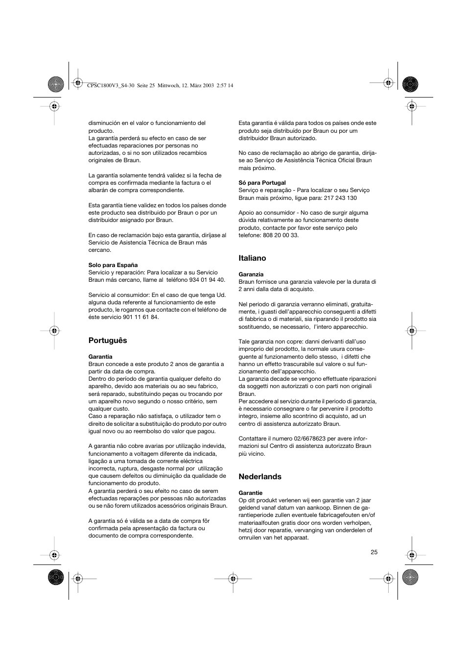 Português, Italiano, Nederlands | Braun CPSC 1800 V3 MN User Manual | Page 25 / 34