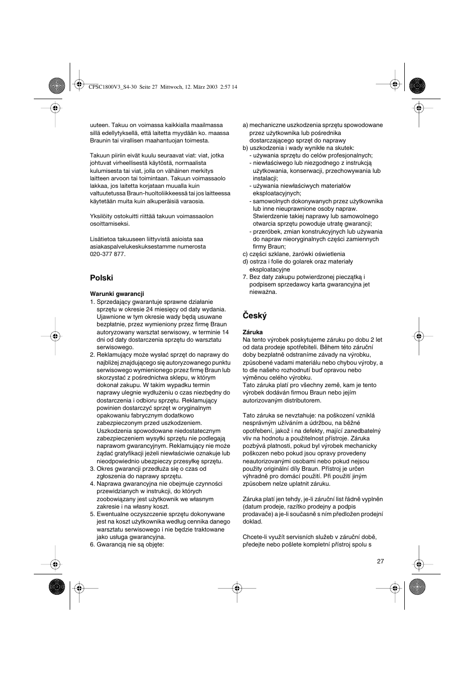 Polski, Âesk | Braun CPSC 1800 V3 MN User Manual | Page 27 / 34