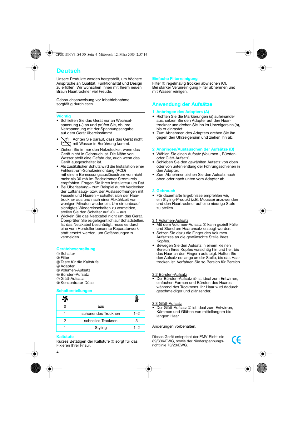 Deutsch, Anwendung der aufsätze | Braun CPSC 1800 V3 MN User Manual | Page 4 / 34