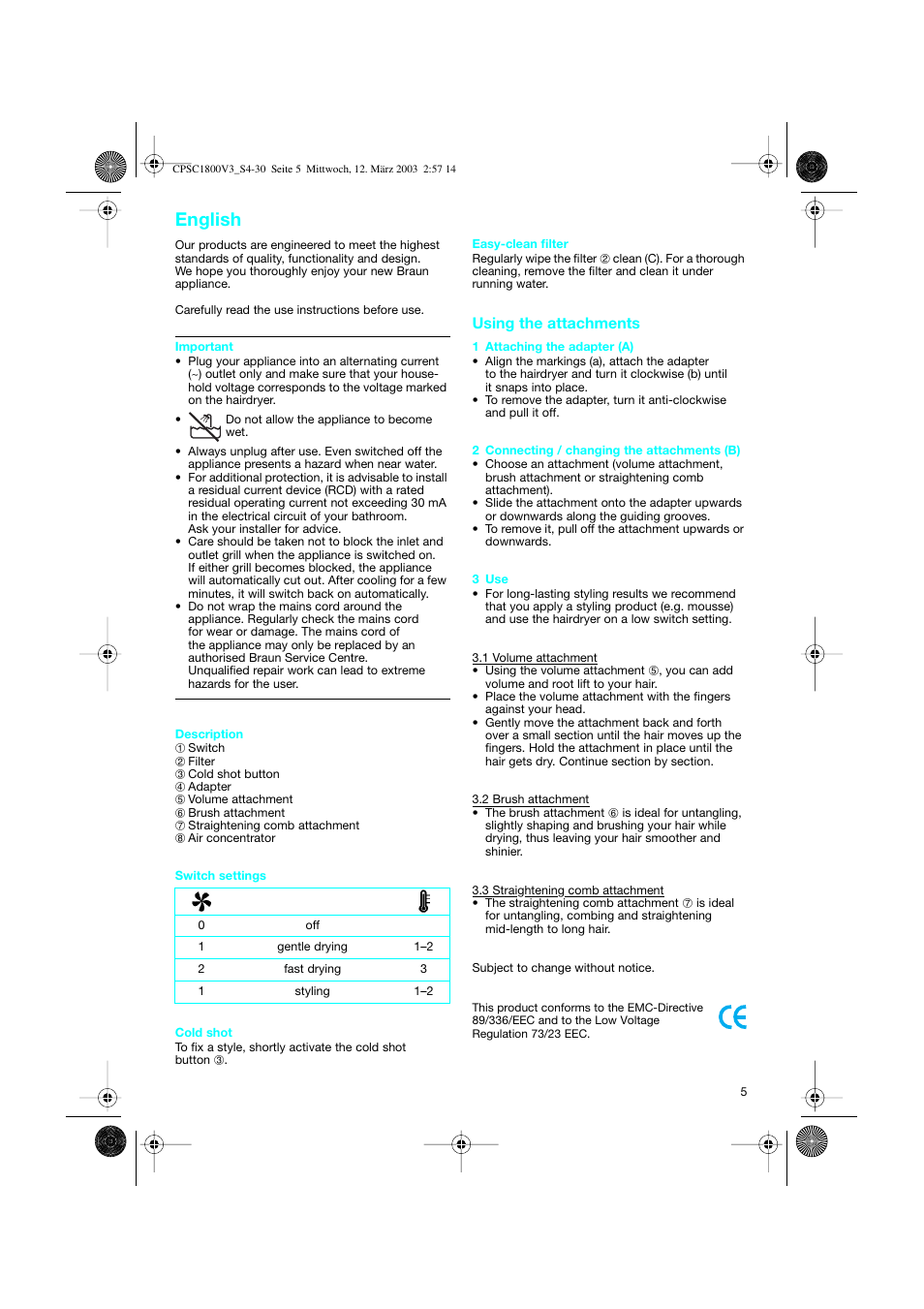 English, Using the attachments | Braun CPSC 1800 V3 MN User Manual | Page 5 / 34