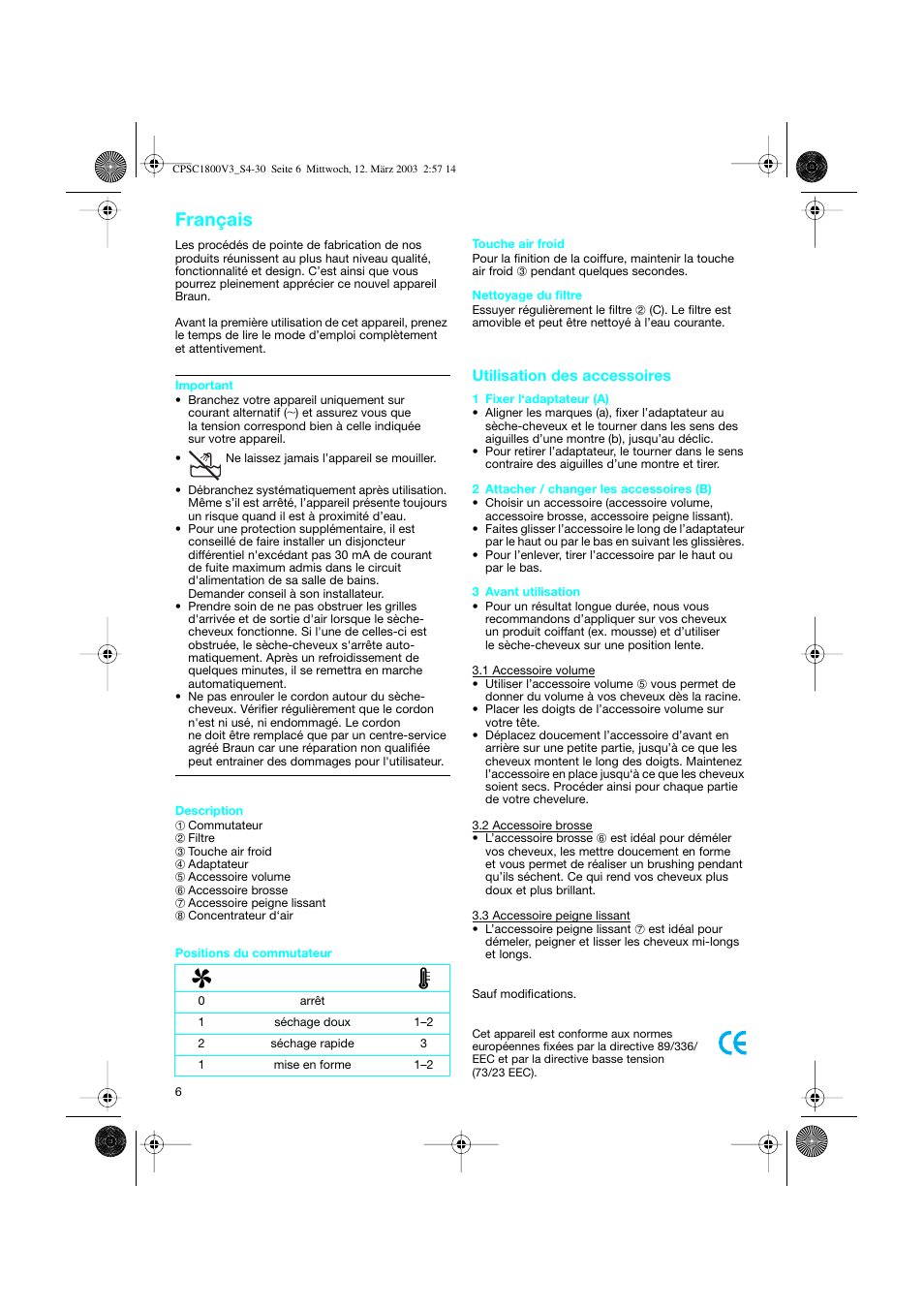 Français, Utilisation des accessoires | Braun CPSC 1800 V3 MN User Manual | Page 6 / 34