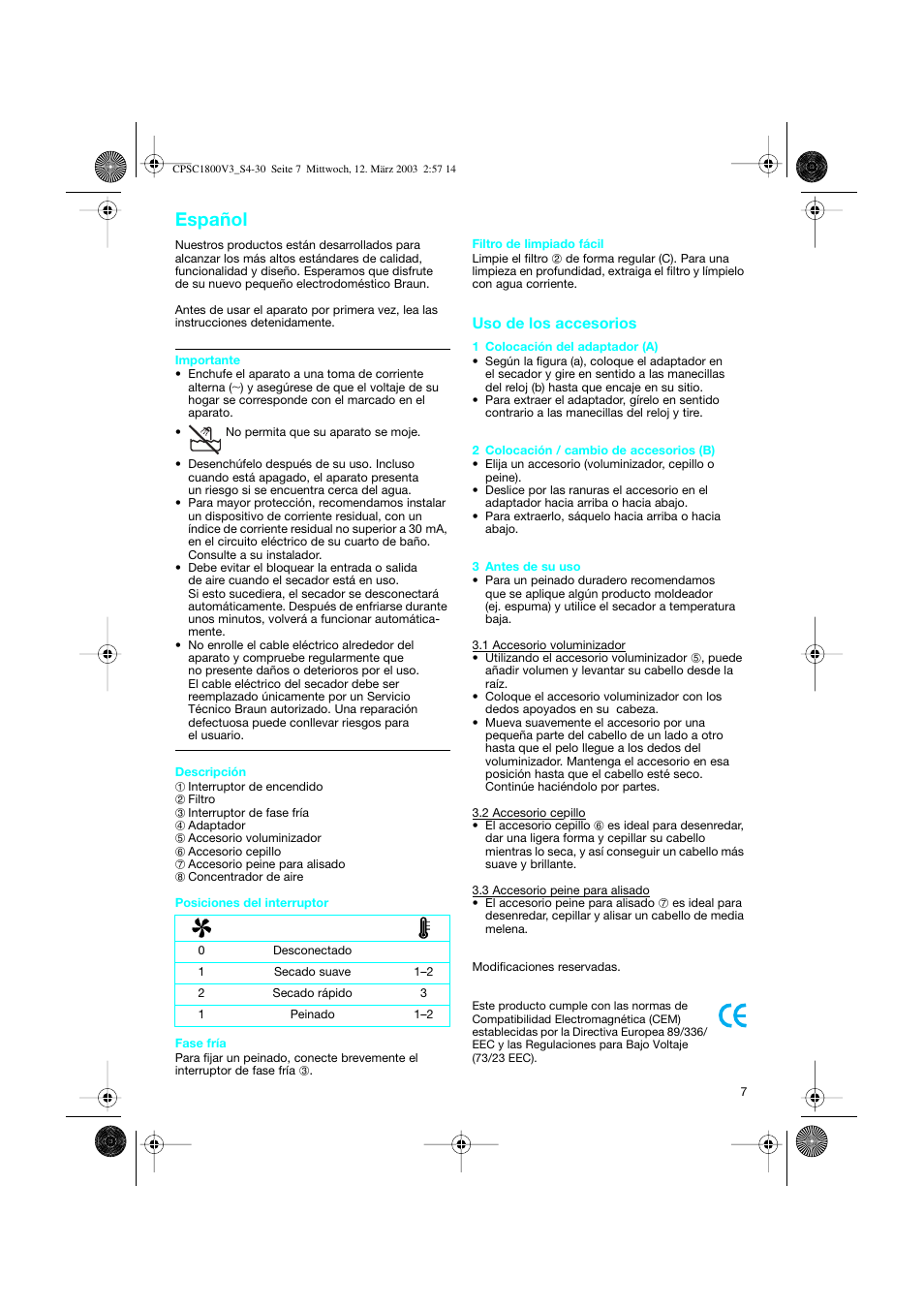 Español, Uso de los accesorios | Braun CPSC 1800 V3 MN User Manual | Page 7 / 34