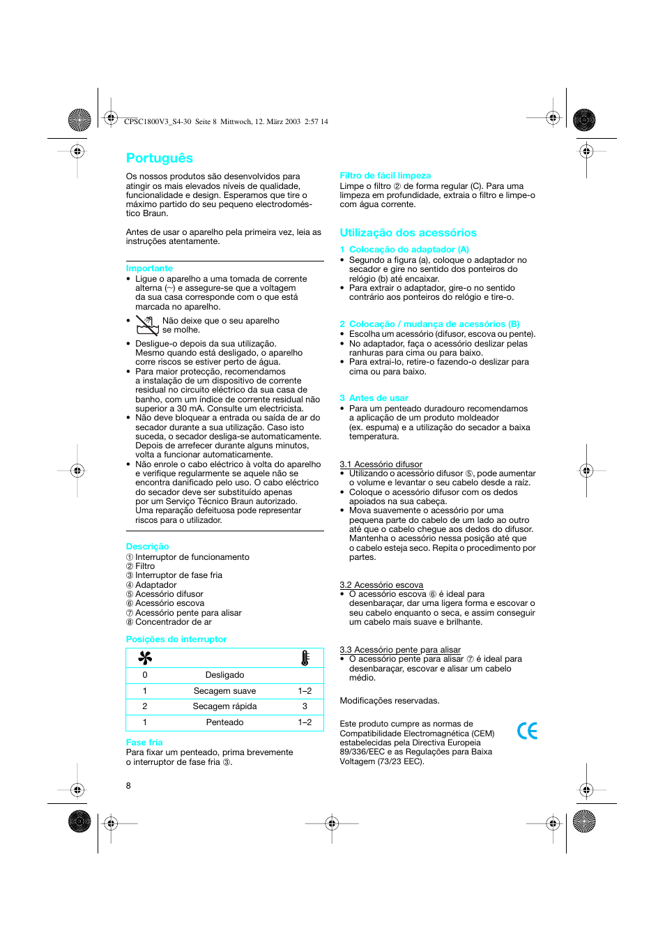 Português, Utilização dos acessórios | Braun CPSC 1800 V3 MN User Manual | Page 8 / 34