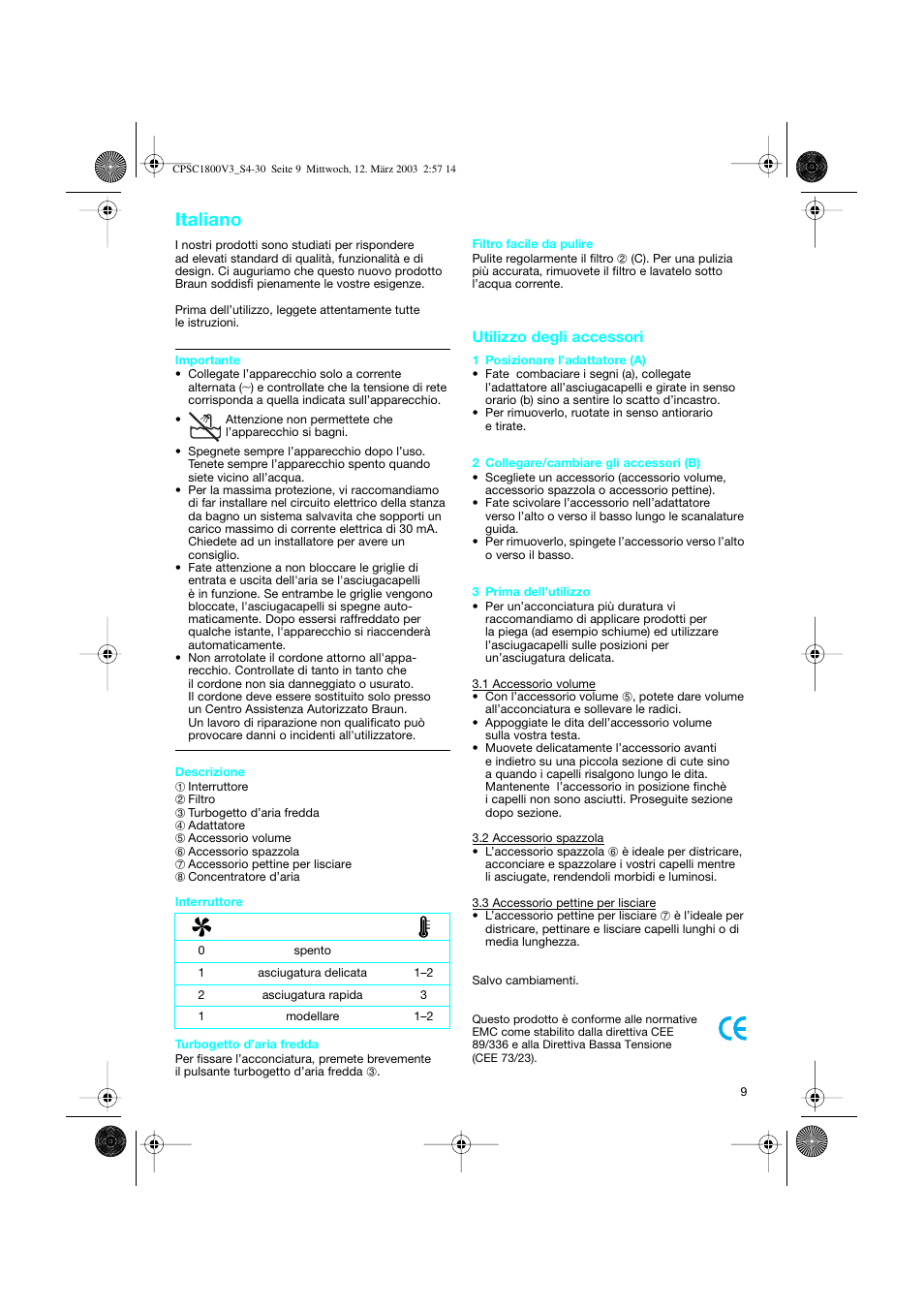 Italiano, Utilizzo degli accessori | Braun CPSC 1800 V3 MN User Manual | Page 9 / 34