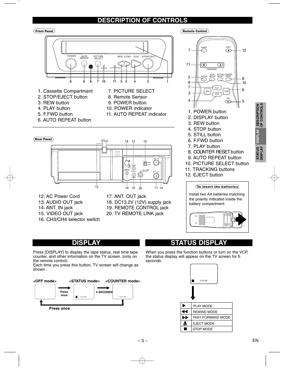 Status display, Display, Description of controls | 3 – en | Symphonic SP120C User Manual | Page 3 / 8