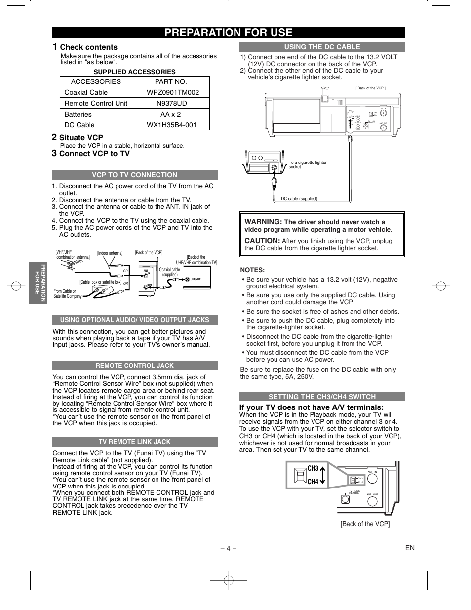 Preparation for use, Check contents, Situate vcp | Connect vcp to tv, If your tv does not have a/v terminals | Symphonic SP120C User Manual | Page 4 / 8