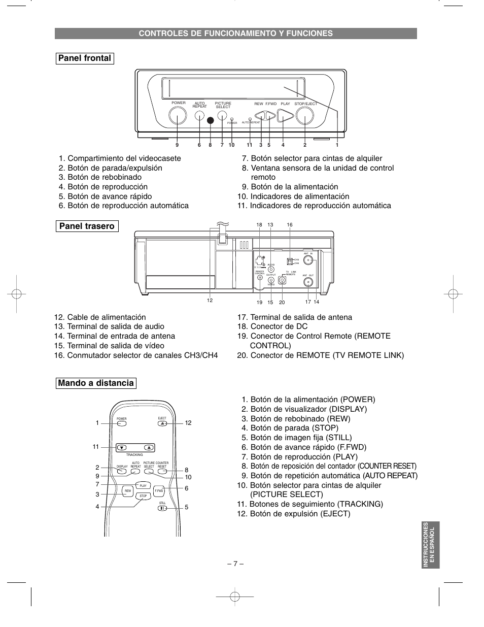 Panel frontal, Panel trasero mando a distancia, Controles de funcionamiento y funciones | Symphonic SP120C User Manual | Page 7 / 8