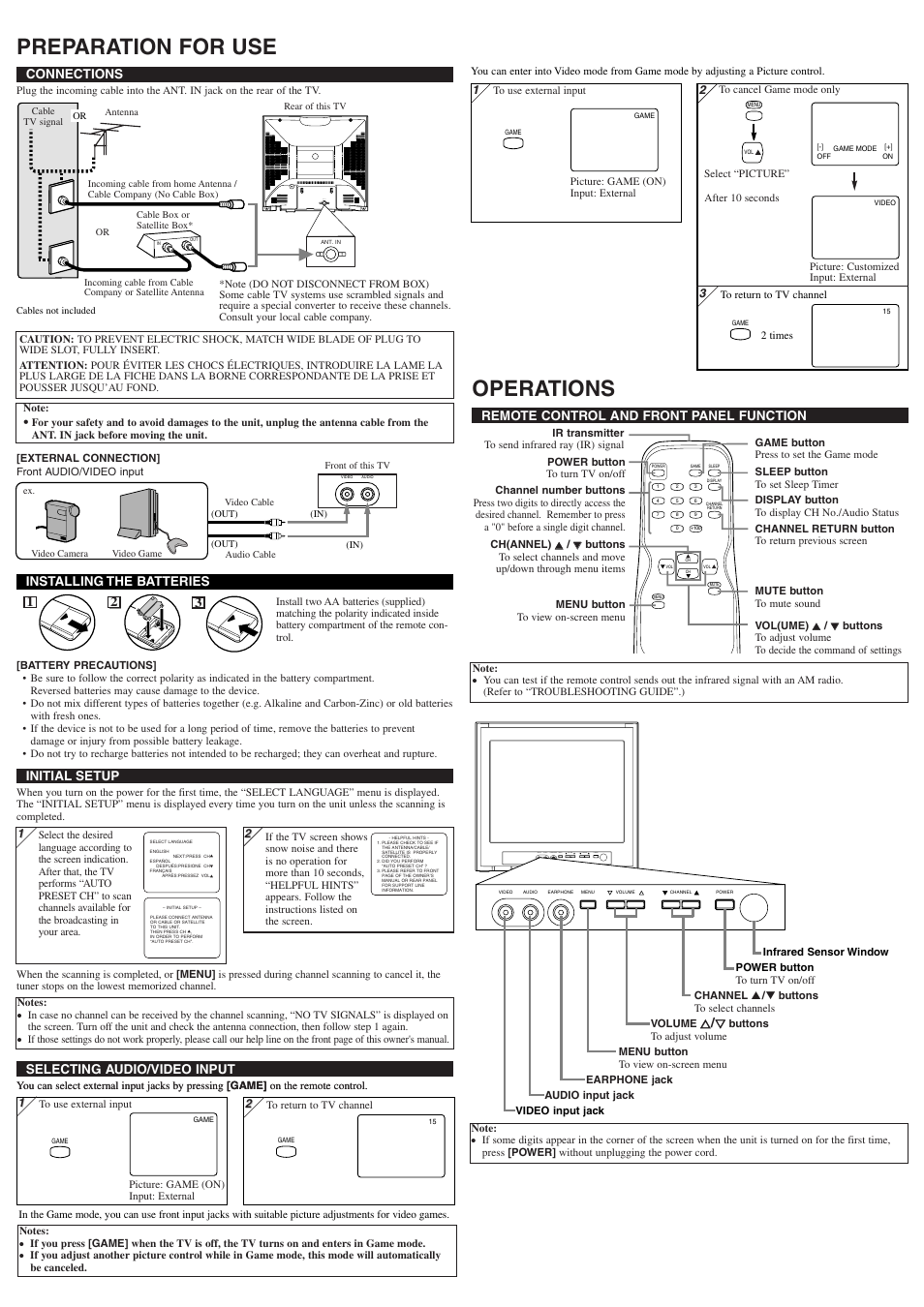 Preparation for use, Operations, Video audio earphone menu volume channel power | Ant . in, Connections, Remote control and front panel function, X/ y y, Installing the batteries, 21 3 selecting audio/video input, Selecting audio/video input | Symphonic ST414FG User Manual | Page 2 / 8