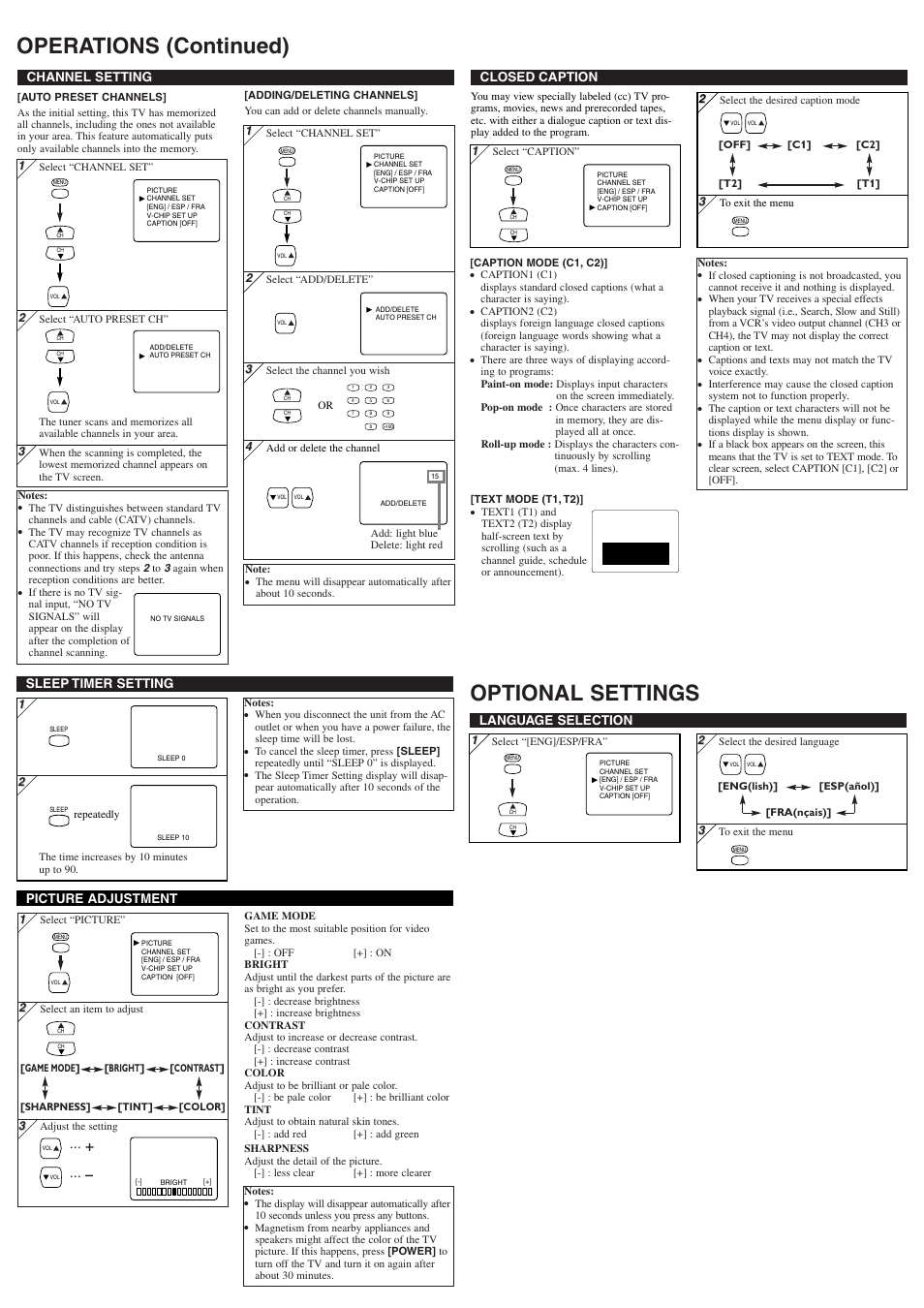 Operations (continued) optional settings, Channel setting, Language selection | Closed caption, Sleep timer setting, Picture adjustment | Symphonic ST414FG User Manual | Page 3 / 8