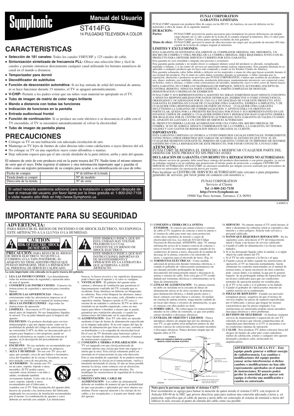 St414fg_l4000ua_es_v1.pdf, Importante para su seguridad, Caracteristicas | St414fg, Precauciones, Manual del usuario, Advertencia, Caution, 14 pulgadas television a color, Atencion | Symphonic ST414FG User Manual | Page 5 / 8