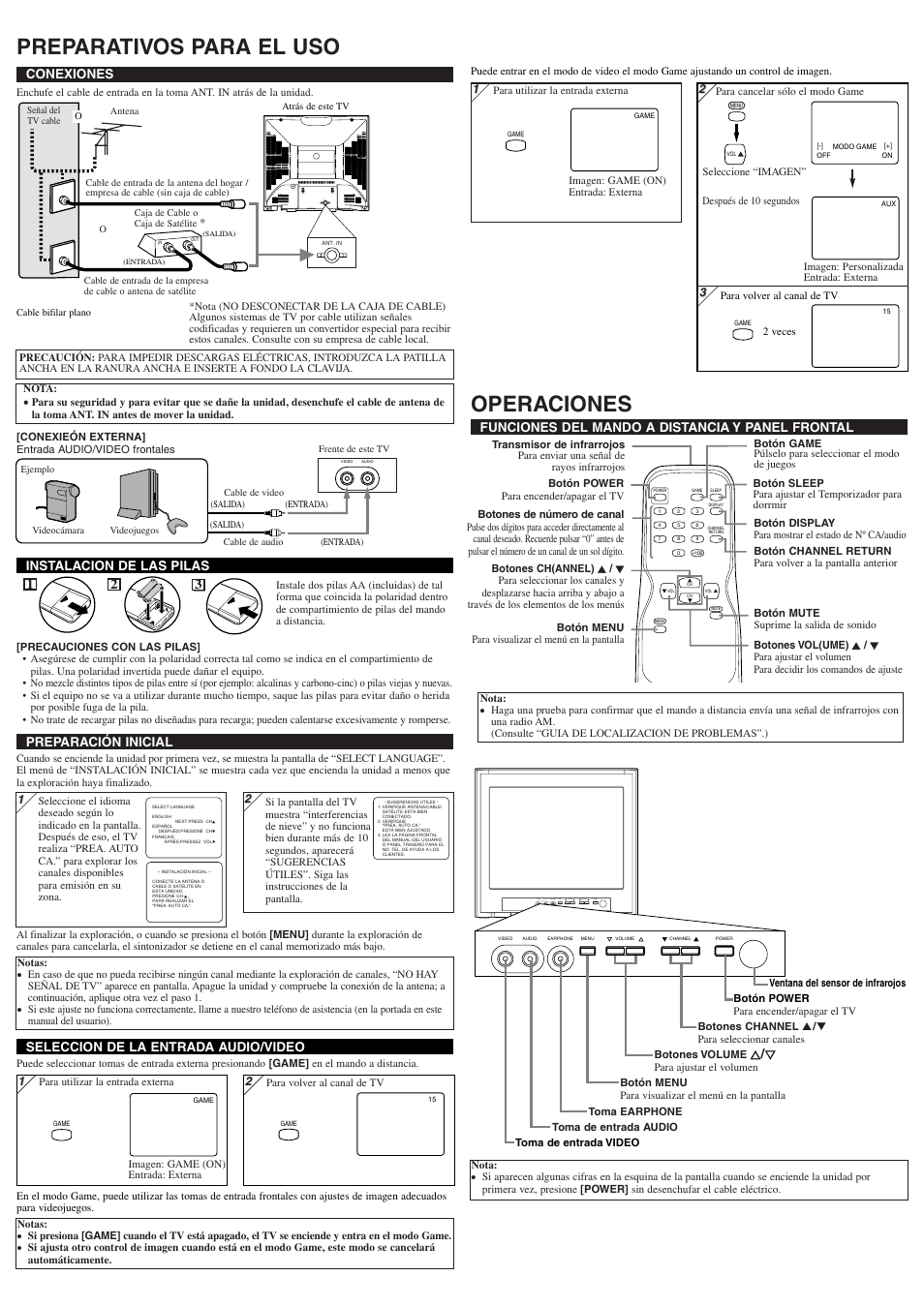 Preparativos para el uso, Operaciones, Video audio earphone menu volume channel power | Ant . in, Conexiones, Funciones del mando a distancia y panel frontal, X/ y y, Instalacion de las pilas, 21 3 seleccion de la entrada audio/video, Preparación inicial | Symphonic ST414FG User Manual | Page 6 / 8