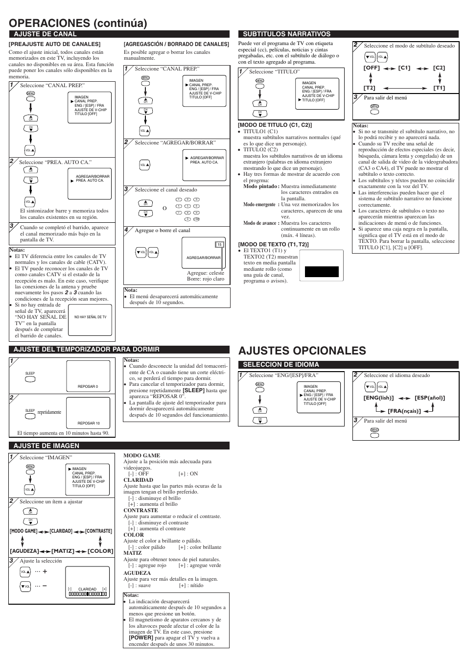 Operaciones (continúa) ajustes opcionales, Ajuste de imagen, Ajuste de canal | Seleccion de idioma, Subtitulos narrativos, Ajuste del temporizador para dormir | Symphonic ST414FG User Manual | Page 7 / 8