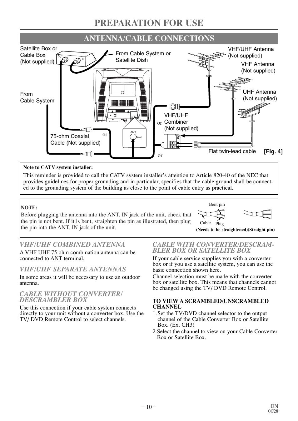 Cable connections, Preparation for use, Antenna/cable connections | Vhf/uhf combined antenna, Vhf/uhf separate antennas, Cable without converter/ descrambler box | Symphonic WF20D4 User Manual | Page 10 / 40