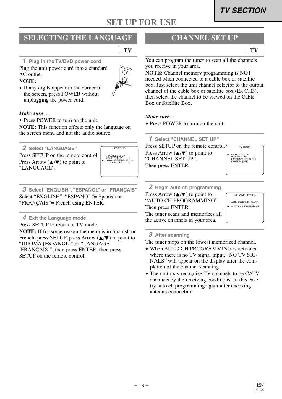 Channel setup, Set up for use, Selecting the language | Channel set up | Symphonic WF20D4 User Manual | Page 13 / 40