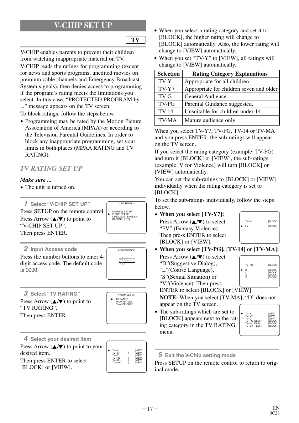 V-chip setup, V-chip set up, Tv rating set up | Make sure, The unit is turned on | Symphonic WF20D4 User Manual | Page 17 / 40
