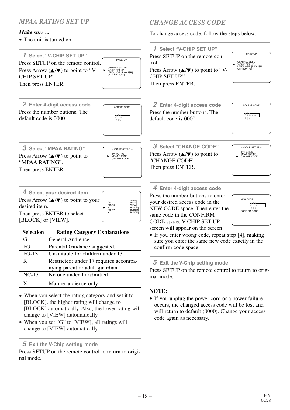Mpaa rating set up, Change access code, Make sure | The unit is turned on, Press the number buttons. the default code is 0000 | Symphonic WF20D4 User Manual | Page 18 / 40