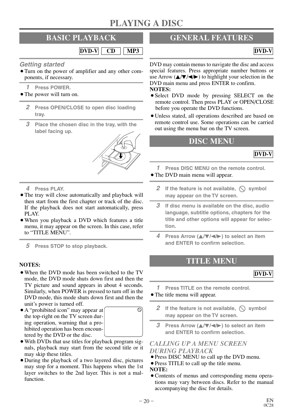 Playing a disc, Basic playback, General features | Title menu, Disc menu, Calling up a menu screen during playback | Symphonic WF20D4 User Manual | Page 20 / 40