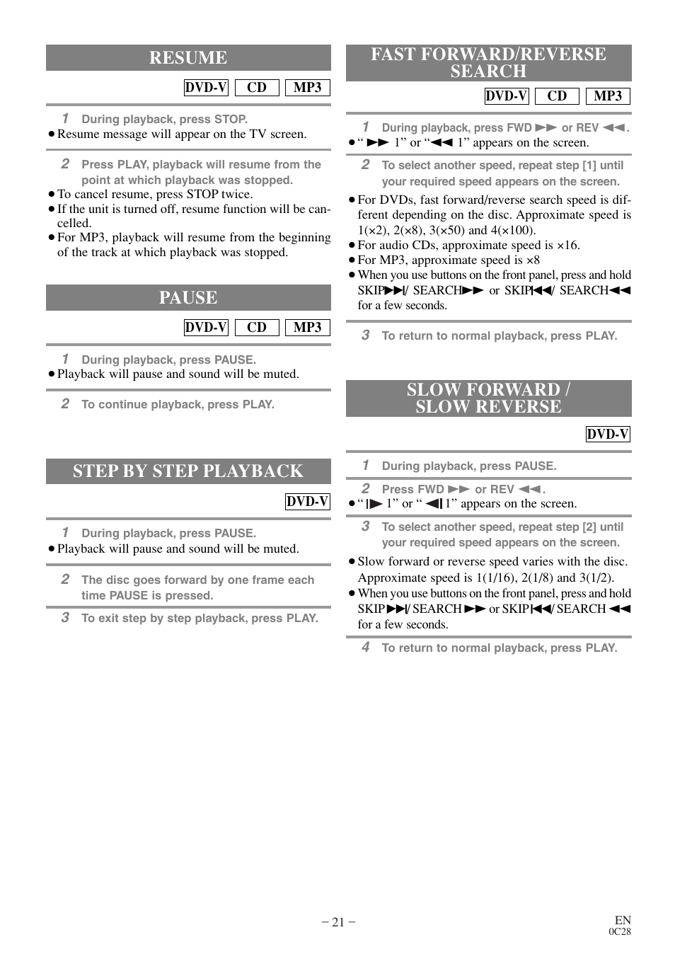 Step by step playback, Resume, Pause | Symphonic WF20D4 User Manual | Page 21 / 40