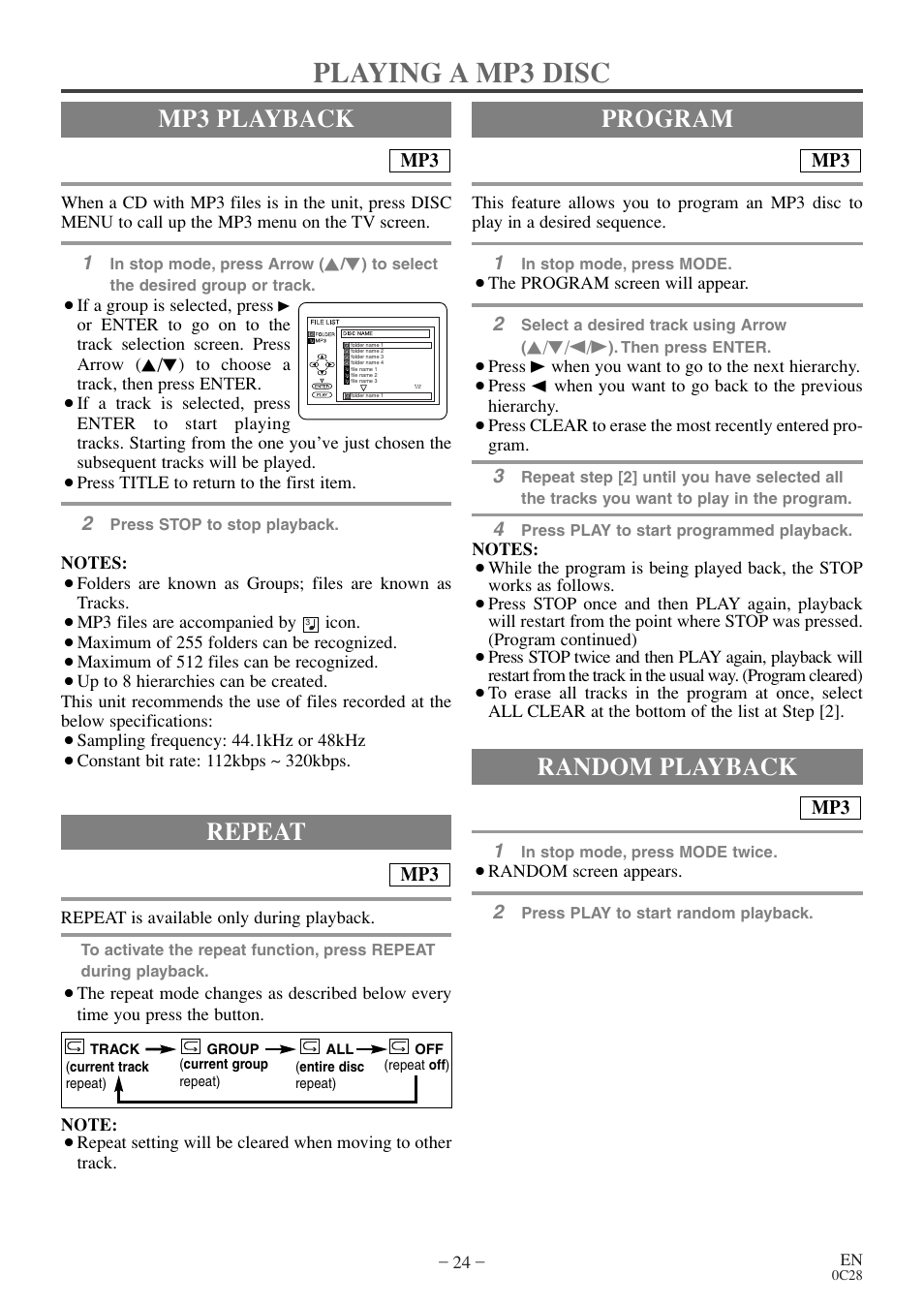 Playing a mp3 disc, Mp3 playback, Random playback | Program repeat | Symphonic WF20D4 User Manual | Page 24 / 40