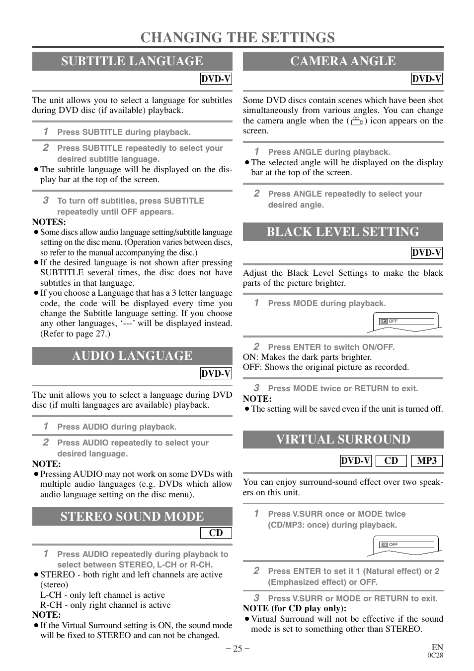 Changing the settings, Audio language, Stereo sound mode | Subtitle language camera angle, Black level setting, Virtual surround | Symphonic WF20D4 User Manual | Page 25 / 40