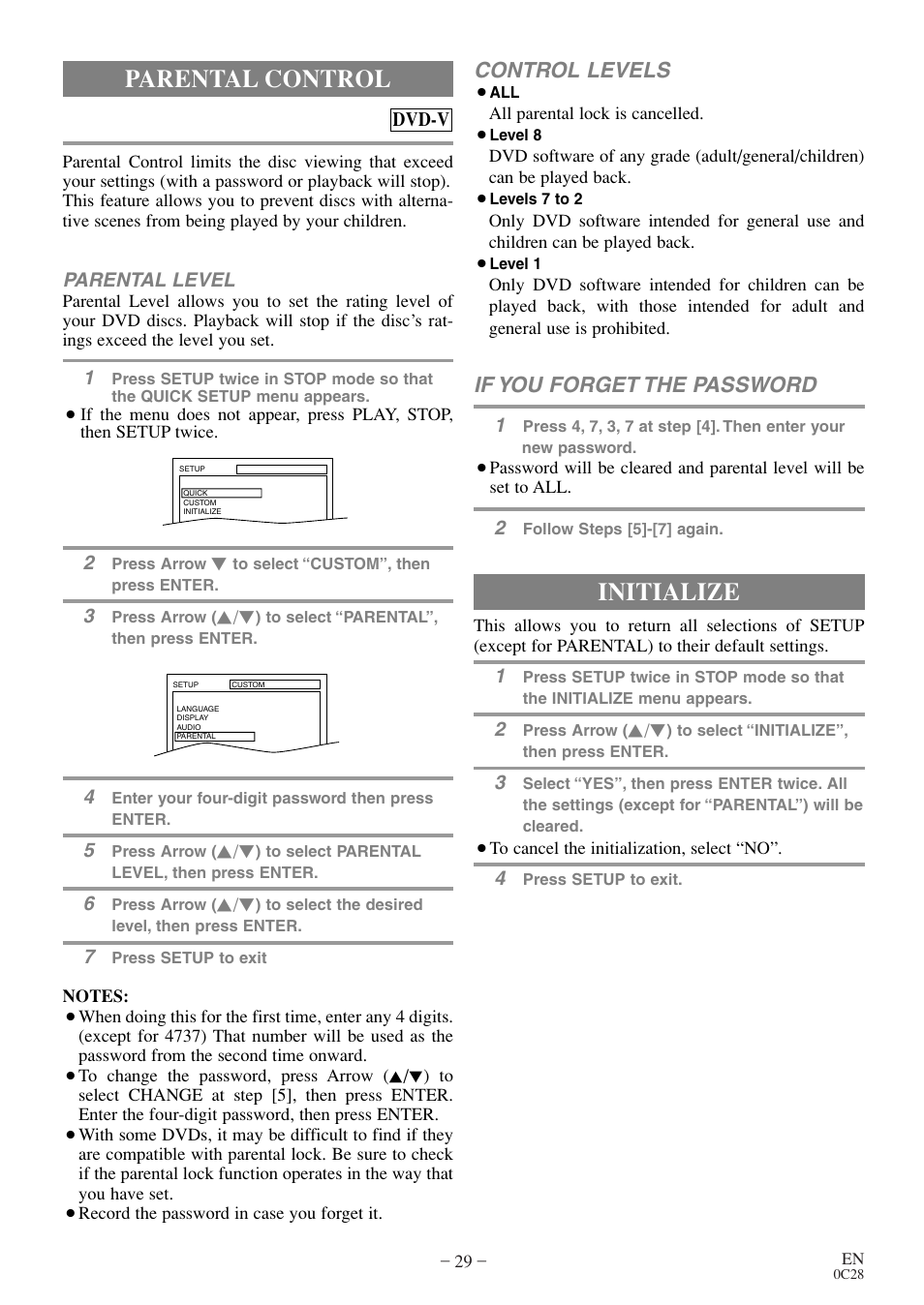Parental control, Initialize, Control levels | If you forget the password | Symphonic WF20D4 User Manual | Page 29 / 40