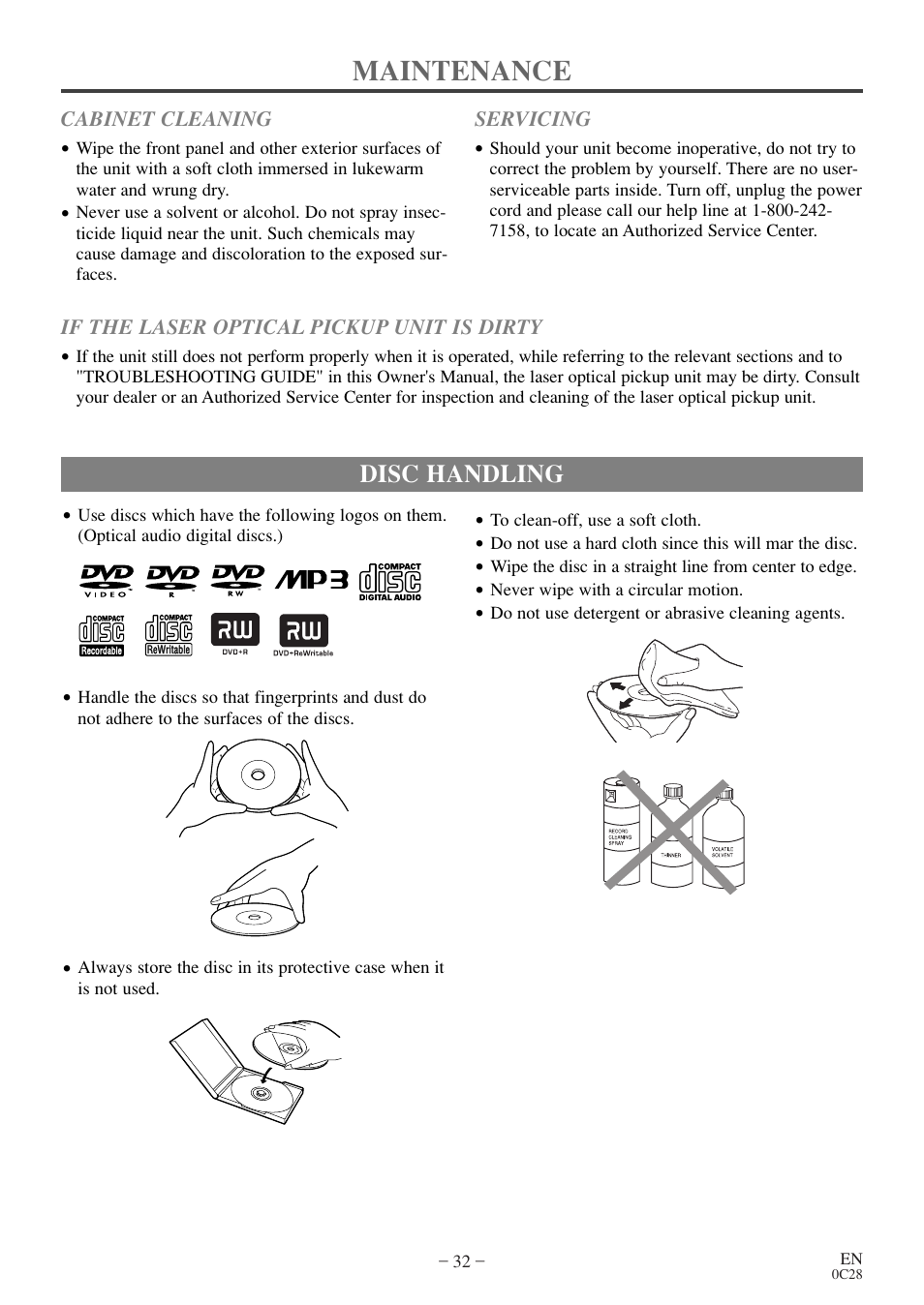 Maintenance, Disc handling | Symphonic WF20D4 User Manual | Page 32 / 40