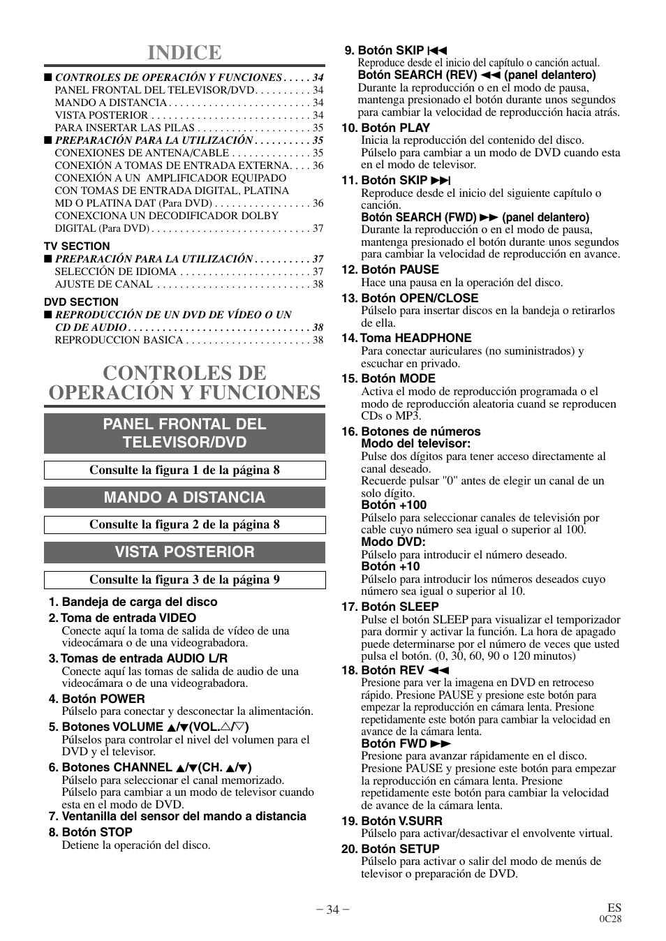 Indice, Controles de operación y funciones, Panel frontal del televisor/dvd | Mando a distancia, Vista posterior | Symphonic WF20D4 User Manual | Page 34 / 40