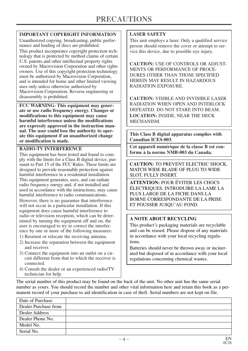 Precautions | Symphonic WF20D4 User Manual | Page 4 / 40