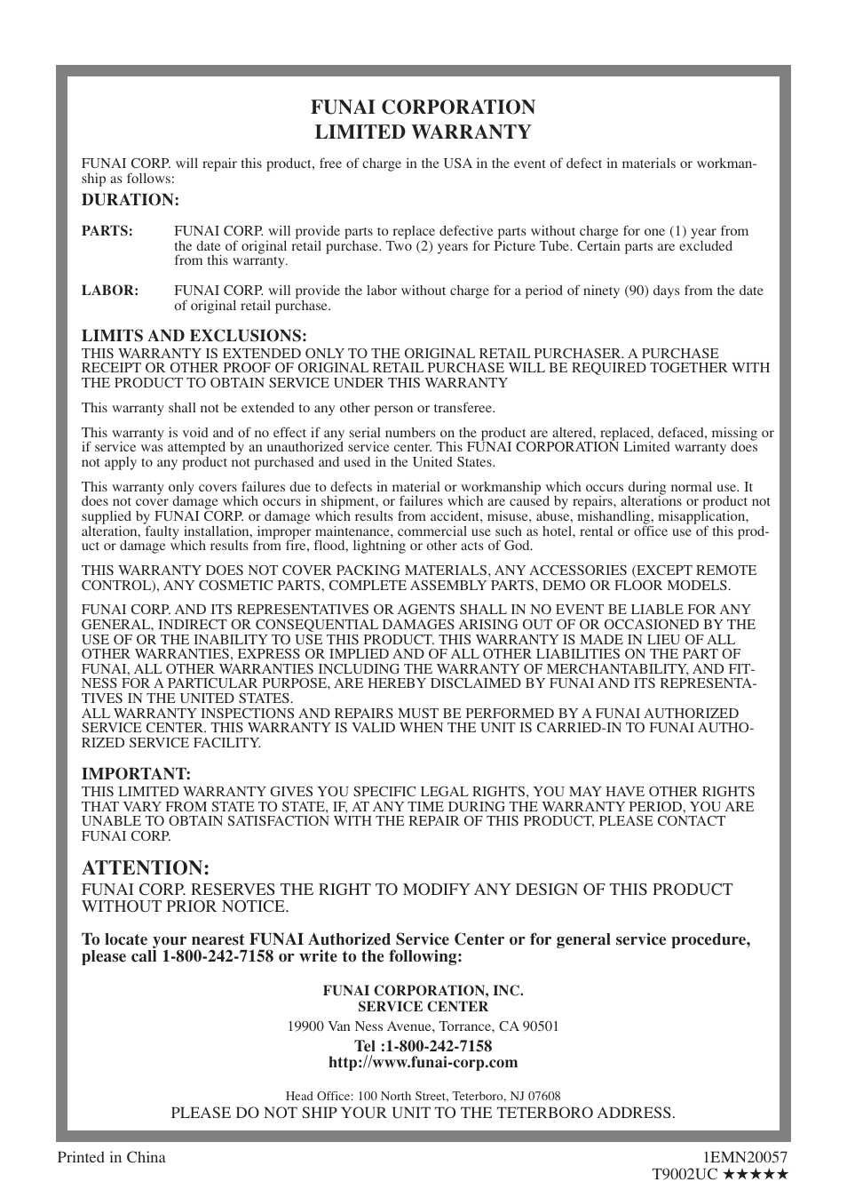 Funai corporation limited warranty, Attention | Symphonic WF20D4 User Manual | Page 40 / 40