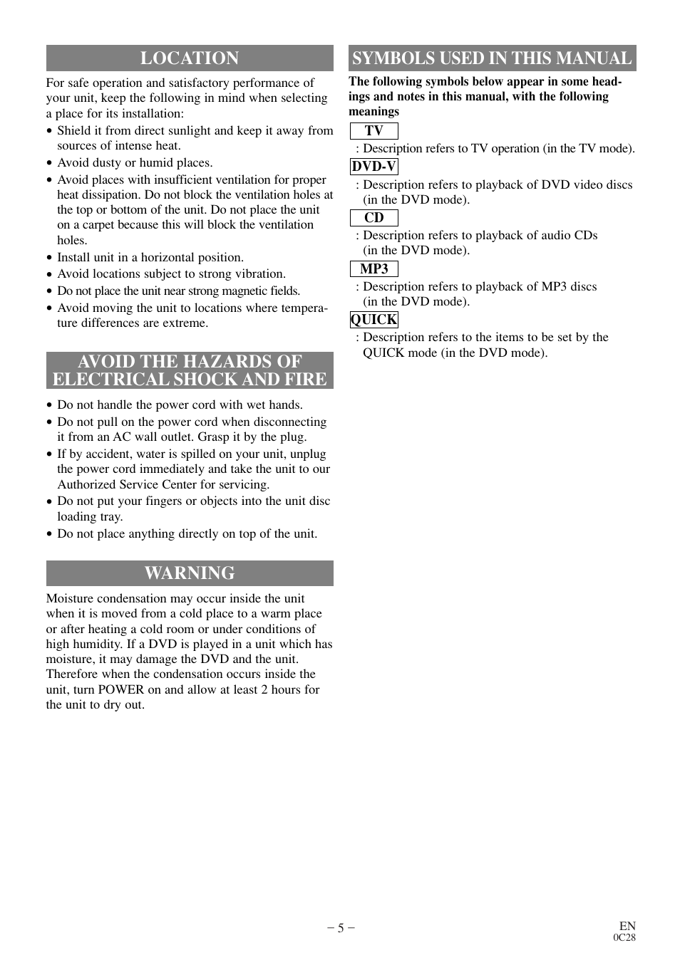 Warning, Symbols used in this manual | Symphonic WF20D4 User Manual | Page 5 / 40